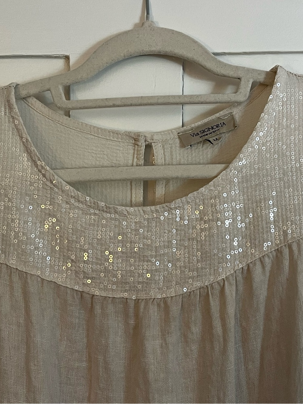 Sleeveless Ivory Sequin Yoke Linen Shift Dress - Picture 2 of 9